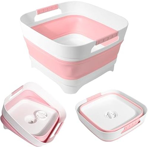 2.4Gal(9L) Collapsible Wash basin With Drain Plug, Suitable For Kitchen Sinks/Outdoor Camping/RV Use, Space-Saving, Highly Portable Washbasin Ideal For Travel(Pink)