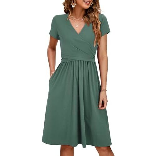 OUGES Maternity Nursing Dress Breastfeeding Short Sleeve V Neck Casual Pregnancy Clothes with Pockets