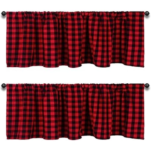 Buffalo Check Valance,2PCS 53X16IN Black and Red Farmhouse Design Window Treatment Decor Curtains Rod Pocket Valances for Bedroom Living & Dining Room Home Decor