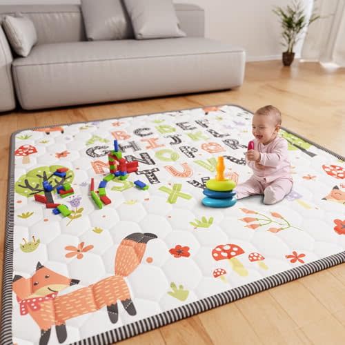 ieBabay Baby Play Mat 50" X 50" Playpen Mat Waterproof Baby Floor Play Mat Non-Slip Cushioned Baby Crawling Mat Letter Playmats for Babies Toddlers Infants Tummy Time Activity (50x50, Letter Fox)