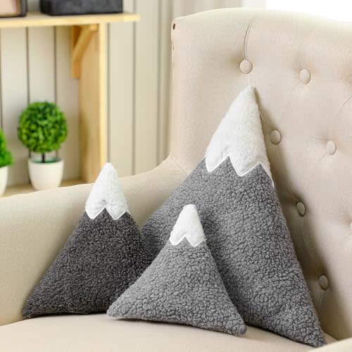 Shellwei 3 Pcs Mountain Shaped Decorative Pillow Sherpa Cute Nursery Playroom Pillow Grey and White Nursery Accessories Kawaii Decorative Gift Toy for Girls Boy Kids