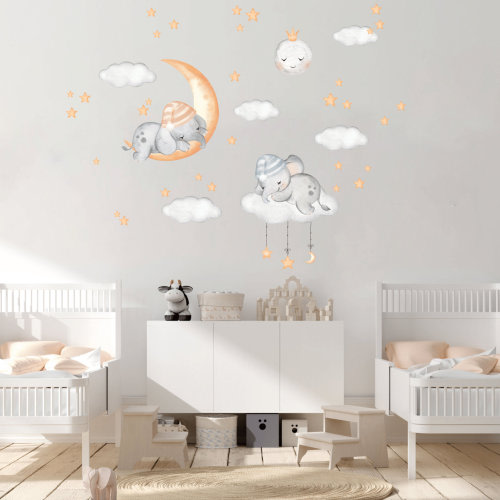 Safari animals Wall decal, Nursery wall decal, Wild watercolor animal stickers, Sleeping Jungle animal decor, Clouds, Tropical wall art