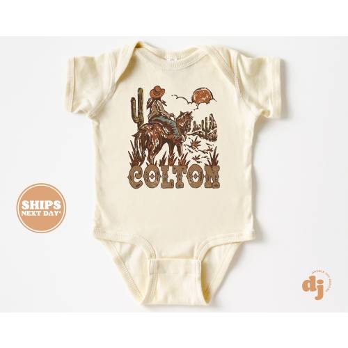 Baby Bodysuit - Retro Western Cowboy Personalized Bodysuit with Name - Baby Boy Retro Natural Baby Bodysuit #5893