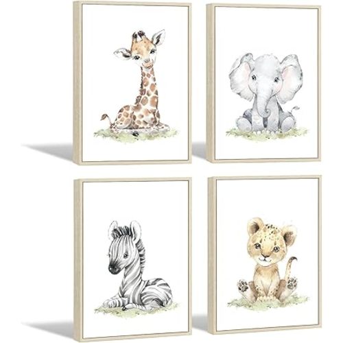 Safari Nursery Wall Art Decor Baby Animal Canvas Wall Art Woodland Nursery Wall Decor Kids Jungle Animal Pictures Safari Giraffe Elephant Tiger Prints for Room Bedroom Set of 4 12x16 Inch Framed