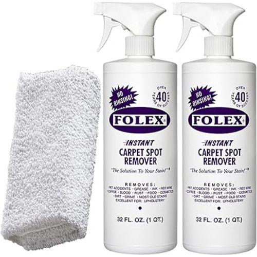 2 Bottles of FOLEX Instant Carpet Spot Remover + 1 Daley Mint Cleaning Cloth | Instant Rug, Upholstery, and Spot Carpet Stain Remover Kit, 32oz