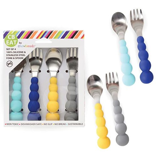 Chewbeads - Toddler Utensils Set - 4 Piece Baby, Kid or Toddler Silverware Set - Toddler Forks and Spoons Flatware - 100% Safe, BPA Free & Phthalate Free (Blue/Grey) - Blue /Grey Combo