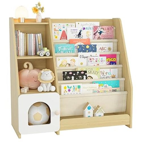 FKWin Kids Bookshelf, Kids Toy Storage Organizer, Baby Storage Book Rack, 4 Tier Kids Wooden Bookshelves, 5 Layer Sling Bookcase for Playroom, Bedroom, Living Room, Kids Room, Nursery, School(Natural)
