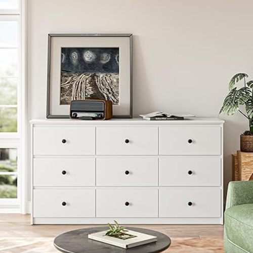 9 Drawers Dresserfor Bedroom, 59" Wide Modern Chest of Drawers with Ample Storage, Dresser TV Stand, Wooden Storage Organizer for Living Room, Hallway, White
