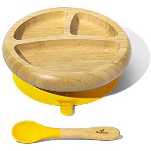 Avanchy Bamboo Baby Plate - Silicone Suction - Suction Plates and Bowls for Toddlers - 9 Months and Older - 7" x 2" (Yellow)