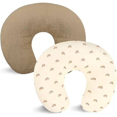 Hooyax Muslin Nursing Pillow Covers 2 Pack, Soft and Breathable Nursing Covers for Breastfeeding Pillows, Adorable Infant Feeding Pillow slipcover for Baby Boy and Girls (Brown Rainbow)