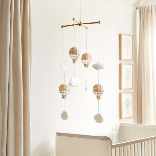 Hot Air Balloon Nursery Mobile | Boho Crib Mobile | Rattan Baby Mobile |Neutral Nursery Decor | Cloud & Balloon Mobile | Handmade Baby Gift