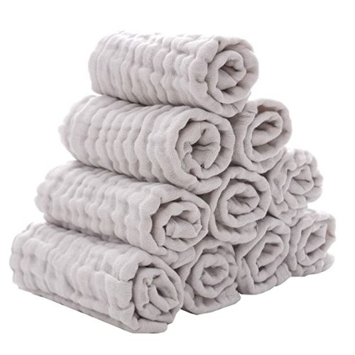 MUKIN Baby Washcloths - Natural Cotton Baby Wipes - Soft Newborn Baby Face Towel for Sensitive Skin- Baby Registry as Shower, 10 Pack 12x12 inches - Grey