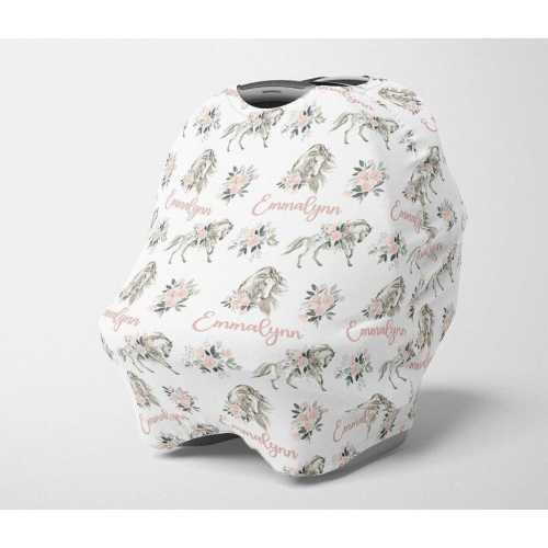Floral Horse Carseat Cover- Personalized Baby Girl Horse Car Seat Canopy,  Stretchy Floral Car seat Cover, Horse Baby Shower Gift  - A548