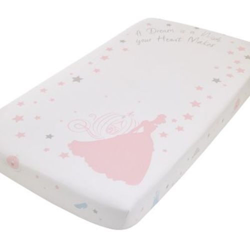 NoJo Disney Princess Enchanting Dreams White and Pink Cinderella A Dream is a Wish Your Heart Makes 100% Cotton Photo Op Nursery Fitted Crib Sheet