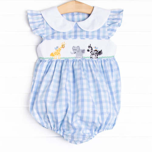Day at the Zoo Smocked Girl Bubble, Blue Plaid – Stitchy Fish