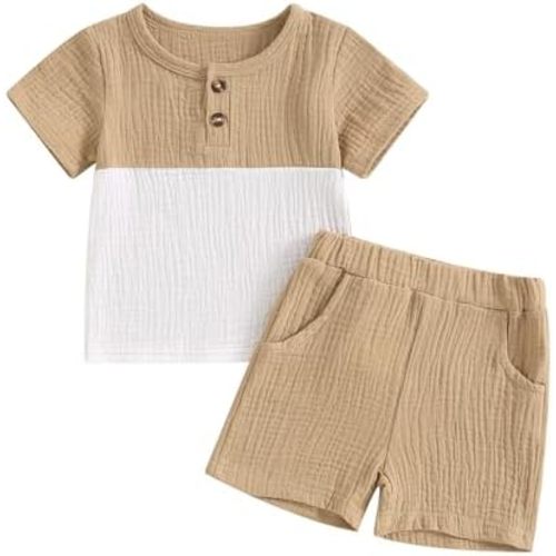 fhutpw Baby Boy Summer Outfits Henley Shirt Soft Pocket Short Sleeve Tops & Shorts Sets Infant 3 6 12 18 Months 2T Clothes
