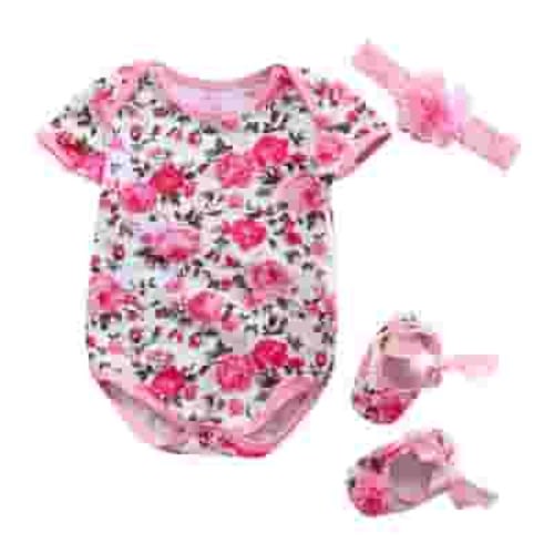 Qtinghua 3Pcs Newborn Baby Girls Clothes Short Sleeve Romper Leopard Floral Jumpsuit Bodysuit+Shoes+Headband Set Pink 0-3 Months