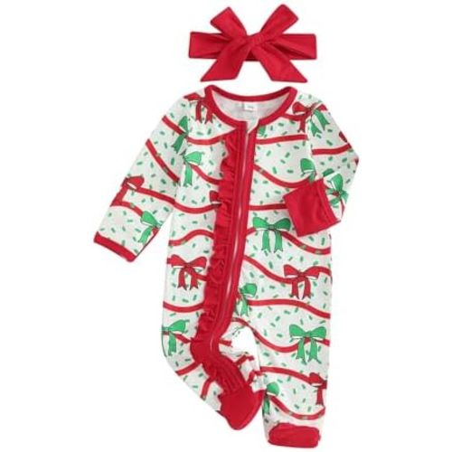 Baby Girls Christmas Romper Bow Print Long Sleeve Round Neck Footed Jumpsuit Headband 2 Piece Christmas Outfit