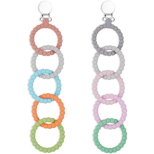 Ainiv Silicone Baby Teether Links, 2 Strings Baby Teething Toys with Pacifier Clip, Cutie Baby Teether Rings, Food Grade Silicone Attachable Teether Chew for Newborn Infant Baby Gift, Color-1