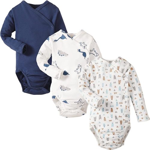 DEFAHN Baby Side Snap Bodysuit Kimono Onsies Newborn Boy Girl 3-Pack 100% Cotton Basic Pattern Kimono Bodysuits