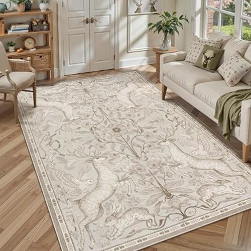 Lahome Boho Animal 6x9 Washable Living Room Area Rugs, Beige Soft Rugs for Bedroom, Botanical Large Boho Non Slip Dining Room Carpet for Under Table Office Kids Playroom (6x9ft,Beige)