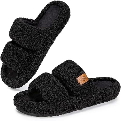 EverFoams Womens Fuzzy Open-toe Slippers Soft Comfy Memory Foam Indoor House Shoes