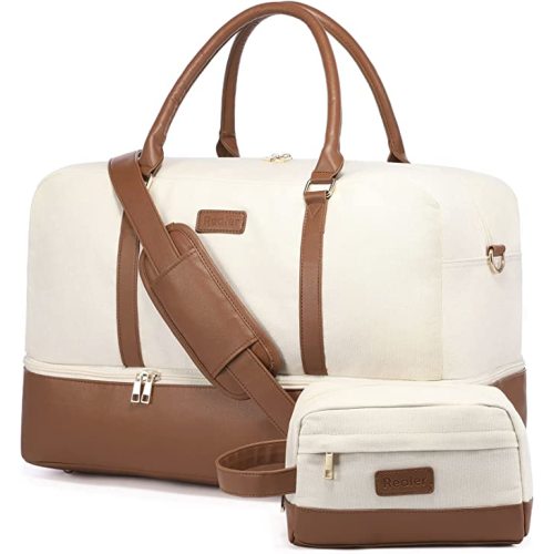 Realer Travel Duffle Bag Canvas Weekender Bag for Women with Toiletry Bag, Large Carry on Overnight Bag with Shoe Compartment,Waterproof Weekend Duffel Bag Mommy Hospital Bags for Labor and Delivery - Beige