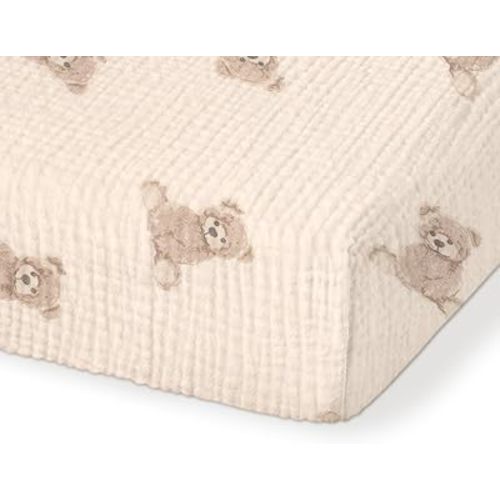 Organic Pack and Play Sheets Fitted 38”x26” 100% Muslin Cotton, Mini Crib Sheets Compatible with Graco/hiccapop/YENING/Dream On Me/Babylicious Pack N Play Mattress, Playard Bedding Sheet Bed Cover