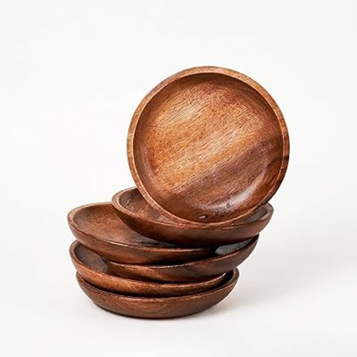 Wooden Plates – 6-Inch Acacia Wood Dinner Plates for Food, Salad, or Steak – Set of 6 Wood Plate for Serving