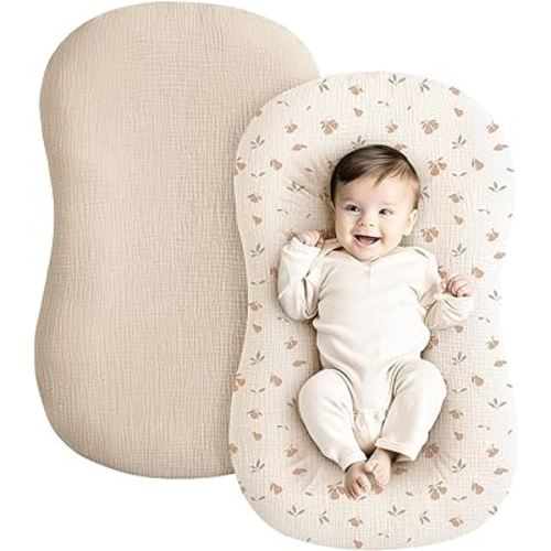 Konssy Muslin Baby Lounger Cover 2 Pack, 100% Cotton Newborn Lounger Cover, Soft and Breathable Lounger Slipcover for Boys Girls, Covers Only (Summer Wheat, Pear)