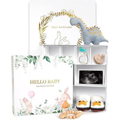 Baby Keepsake Box with Baby Memory Book - Baby Boy & Girl Timeless for First 5 Year Keepsake Box, Gender Neutral Milestone Book, Gifts for New Mom, Maternity Gift, Baby Shower, Scrapbook Photo Album