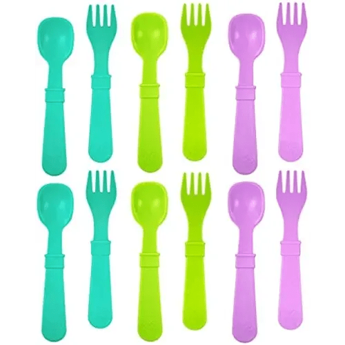 Re-Play Made in USA Toddler Forks and Spoons, Pack of 12 Without Carrying Case - 6 Kids Forks with Rounded Tips and 6 Deep Scoop Toddler Spoons - 0.2" Thick Toddler Utensils, Mermaid
