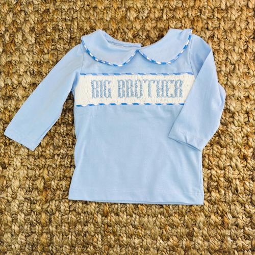 Smocked Big Brother Shirt in blue with collar (pants and shorts sold separately), matching sibling set 658 #E