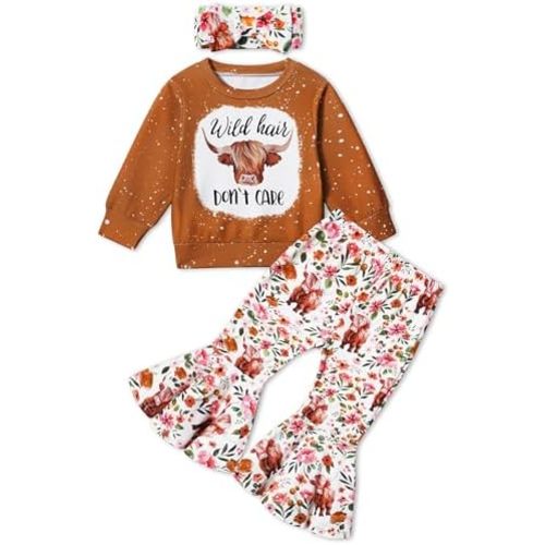 Toddler Girl Clothes Fall Winter Outfits Pattern Print Sweatshirt Flared Pants Toddler Clothes for Girls with Headband