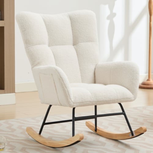 PAPROOS Teddy Fabric Comfy Armchair Rocker, Modern Nursery High Backrest Accent Chair, White
