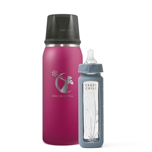 Ceres Chill Breastmilk Chiller/Warmer Bundle, 27oz of Storage, 20 Hour Chill, Comes with Glass Baby Bottle for The Ultimate Bottle Warming Duo (Don't Call Me 'Hon' Plum Chiller & Gray Bottle)