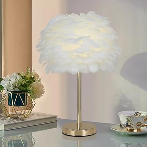 ZYLEIESENBAO Chic White Feather Table Lamp Feather Bedside Lamp Girl Gift Goose Furry Nightstand Light Gold Stand Fluffy Desk Lamp Atmosphere for Wedding Deco for Bedroom Hotel Living Room