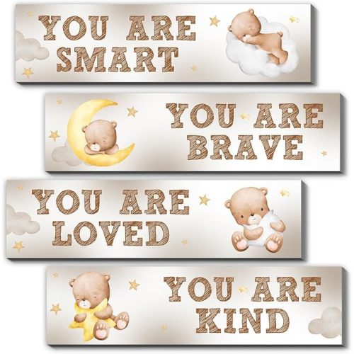 Bear Nursery Wall Decor,Wooden Bear Wall Art for Baby Boy,4PCS Cute Boy Room Decor for Nursery Themes Bathroom Living Room Classroom Home Decoration,Perfect Gifts for Birthday Baby Shower