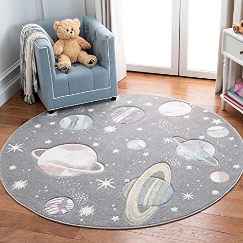 SAFAVIEH Carousel Kids Collection 6'7" Round Grey/Lavender CRK103F Outer Space Non-Shedding Playroom Nursery Bedroom Area Rug