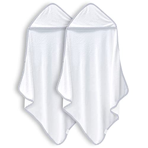 BAMBOO QUEEN 2 Pack Baby Bath Towel - Rayon Made from Bamboo, Ultra Soft Hooded Towels for Babies,Toddler,Infant - Newborn Essential -Perfect Baby Registry Gifts (White and Stripe, 30 x 30 Inch)