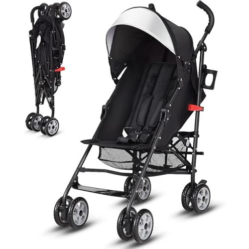 BABY JOY Lightweight Stroller, Compact Travel Stroller, Infant Stroller w/Adjustable Backrest & Canopy, Cup Holder, Storage Basket, 5-Point Harness, Easy Fold, Umbrella Stroller for Toddler, Black