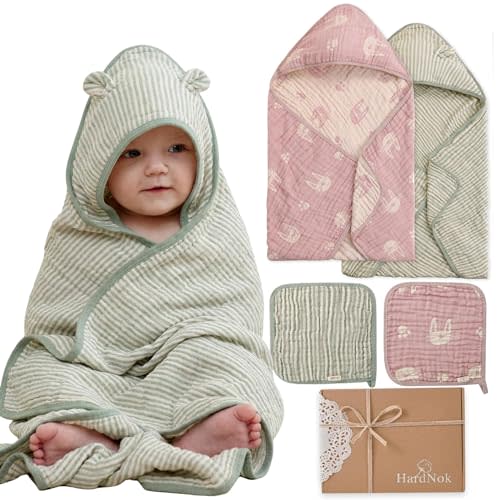HardNok 4-Piece Muslin Baby Towel Set - Made with Organic Cotton, (2) 6-Layer Bath Towels 32x32 & (2) Washcloths, Absorbent Bath & Beach (Blush Pink Bunny & Sage Green Stripe)