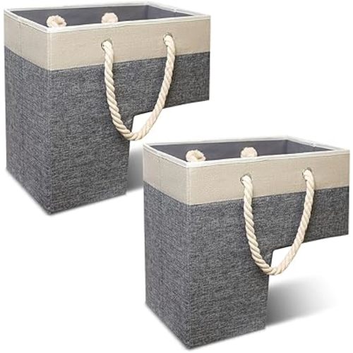Stair Basket - Anti-Slip Grip Staircase Storage Organizer for Carpeted & Wooden Steps, Folding Container Bin with Handles, Ideal for Laundry, Toys, Decor, Books - Grey/Beige (Pack of 2)