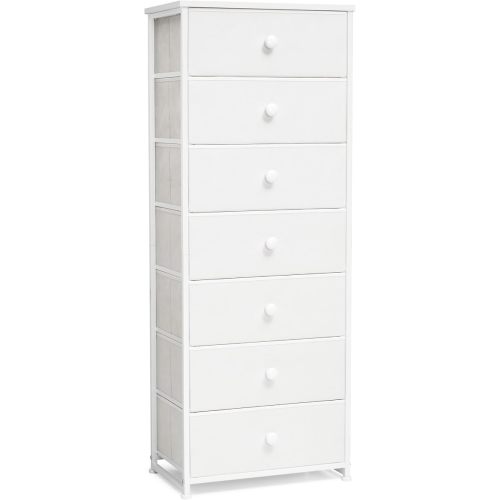 Crestlive Products Tall Dresser, 7-Drawer Fabric Storage Tower, Chests of Drawers - Vertical Organizer Unit for Bedroom, Hallway, Entryway, Nursery, Closets - Steel Frame, Wood Top & Handles (White)