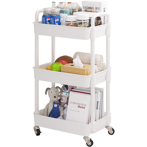 UDEAR 3-Tier Rolling Utility Cart with 12 Category Labels,Multifunctional Storage Shelves with Handle and Lockable Wheels for Room,Office,Kitchen,Bathroom,White
