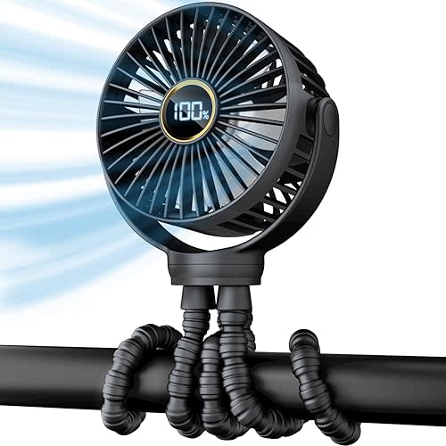 Portable Stroller Fan, Small Battery Powered Fan w/ 360° Rotation, 3-Speed, Rechargebale Mini Personal Fan w/Display, Stroller Accessories Gift for Car Seat, Crib, Bike, Treadmill, Black