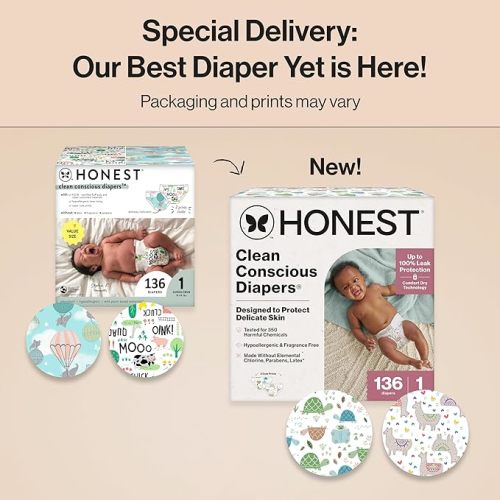 The Honest Company Clean Conscious Diapers for Sensitive Skin | Hypoallergenic, Fragrance Free | Gender Neutral Prints | Super Club Box, Size 1 (8-14 lbs), 136 Count