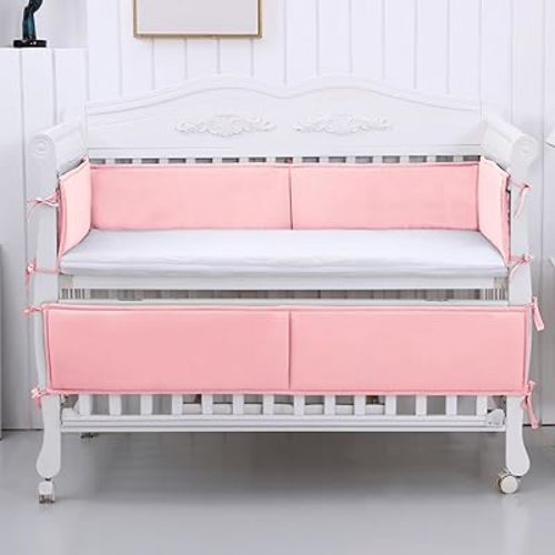 4 PCS Breathable Mesh Liner Padding for Sides - Anti-Collision Cushion Set, Soft and Comfortable Crib Side Padding for Safety (Pink, 51X9.8 INCH)