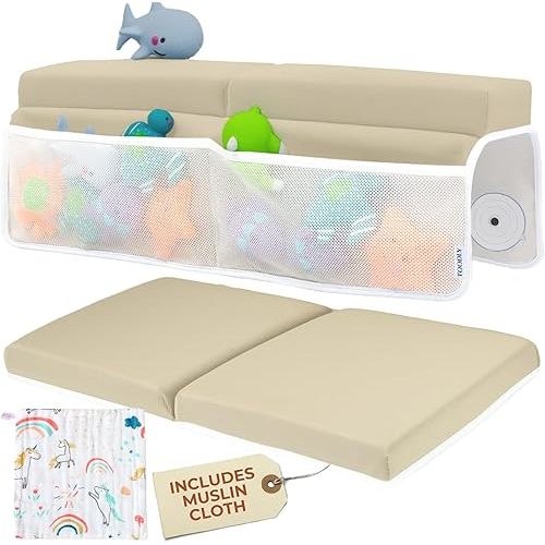 Comfortable Baby Bath Kneeler and Elbow Rest Pad Set with Unicorn Burp Cloth - Thick, Non-Slip, Memory Foam Kneeling Pad for Bathing Baby with Toy Storage Pockets - Easy Clean and Durable - Beige