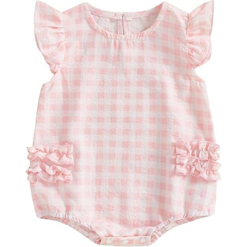 Baby Girl Bubble Romper Plaid/Floral Print Ruffle Sleeve Bodysuit Jumpsuit One Piece Outfits Infant Summer Clothing